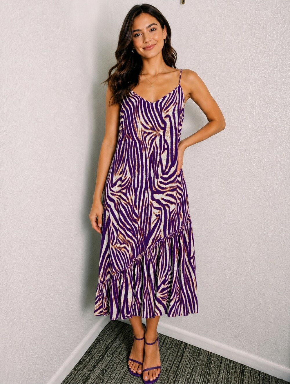 Vylette Purple Zebra Print Slip Midi Dress, Ruffle, Size XL